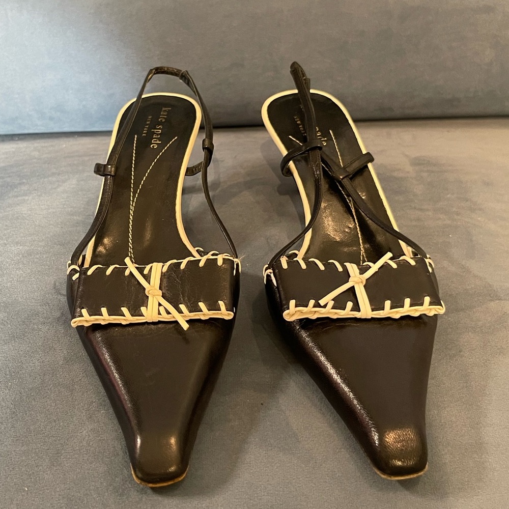 Kate Spade Black and White Leather Bow Kitten Heels Size 7.5